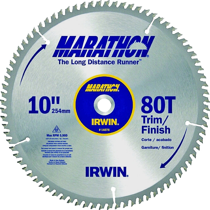 IRWIN Irwin Marathon 14076 Table Saw Blade, 10 in Dia, 5/8 in Arbor, 80-Teeth, Carbide Cutting Edge TOOLS IRWIN