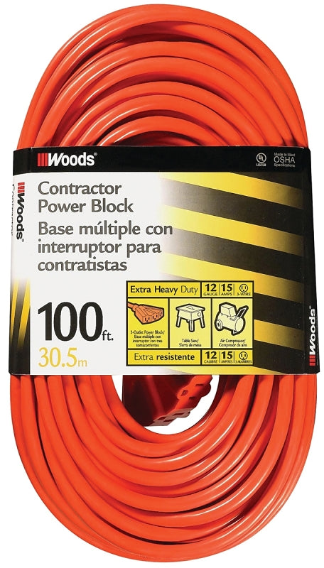 WOODS CCI 0820 Extension Cord, 12 AWG Cable, 100 ft L, 15 A, 125 V, Orange ELECTRICAL WOODS
