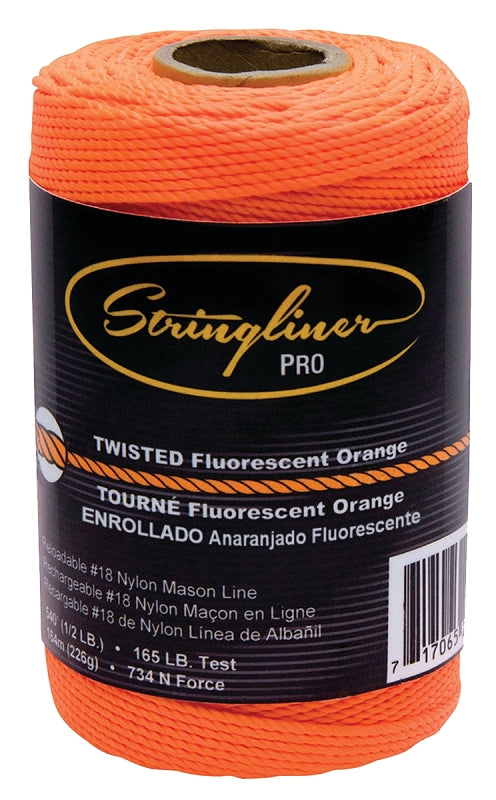 STRINGLINER BY U.S. TAPE Stringliner Pro Series 35406 Construction Line, #18 Dia, 540 ft L, 165 lb Working Load, Nylon, Fluorescent Orange
