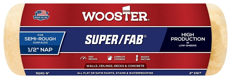 WOOSTER BRUSH Wooster R240-9 Roller Cover, 1/2 in Thick Nap, 9 in L, Fabric Cover, Golden Yellow PAINT WOOSTER BRUSH