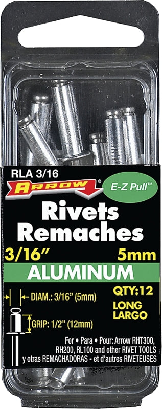 ARROW Arrow RLA3/16 Pop Rivet, Long, 1/2 in Grip, 1/2 in L, Aluminum, Silver, 12/PK TOOLS ARROW