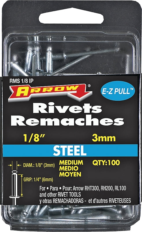 ARROW Arrow RMS1/8IP Pop Rivet, Medium, 1/4 in Grip, 1/4 in L, Steel, 100/PK