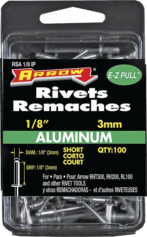 ARROW Arrow RSA1/8IP Pop Rivet, Short, 1/8 in Grip, 1/8 in L, Aluminum, Silver, 100/PK HARDWARE & FARM SUPPLIES ARROW