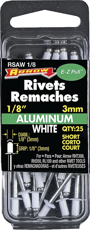 ARROW Arrow RSAW1/8 Pop Rivet, Short, 1/8 in Grip, 1/8 in L, Aluminum, White, 25/PK TOOLS ARROW