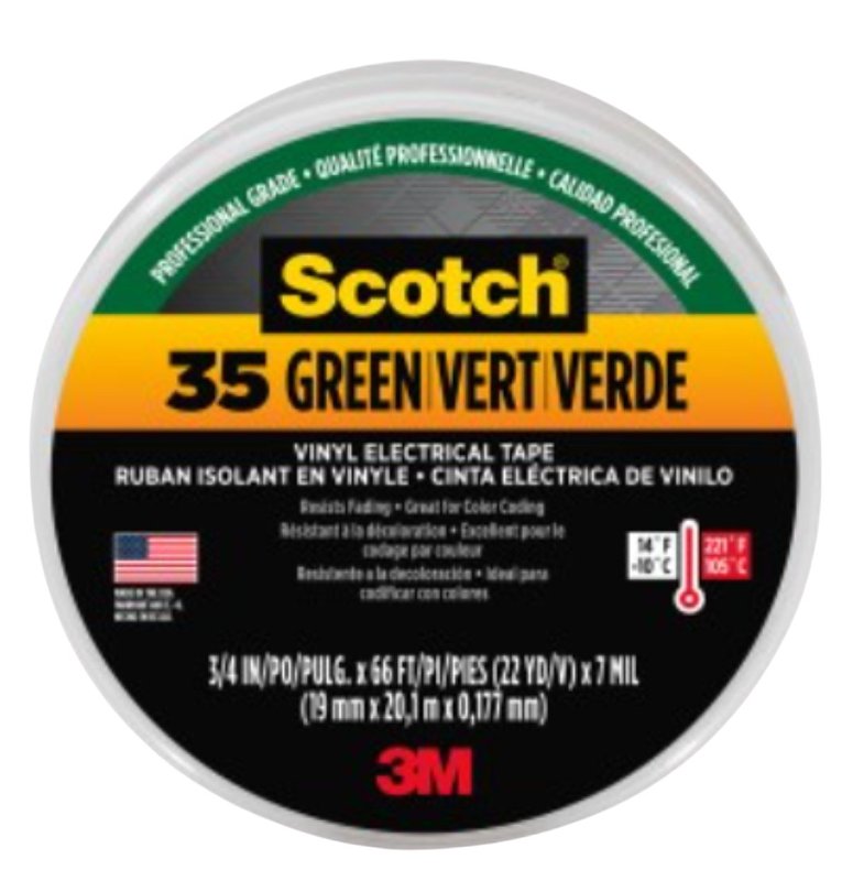 SCOTCH Scotch 10851-DL-10 Electrical Tape, 66 ft L, 3/4 in W, PVC Backing, Green