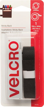 VELCRO BRAND VELCRO Brand 90078 Hook and Loop Fastener, 3/4 in W, 18 in L, Nylon, Black, Rubber Adhesive