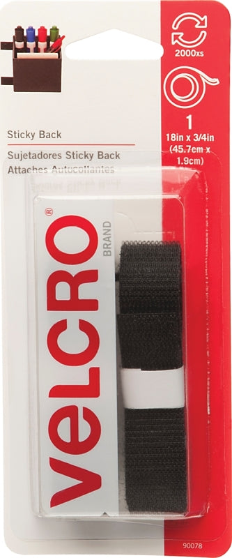 VELCRO BRAND VELCRO Brand 90078 Hook and Loop Fastener, 3/4 in W, 18 in L, Nylon, Black, Rubber Adhesive