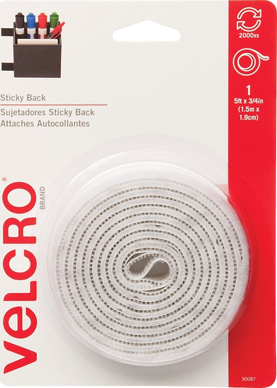 VELCRO BRAND VELCRO Brand 90087 Fastener, 3/4 in W, 5 ft L, Nylon, White, 5 lb, Rubber Adhesive