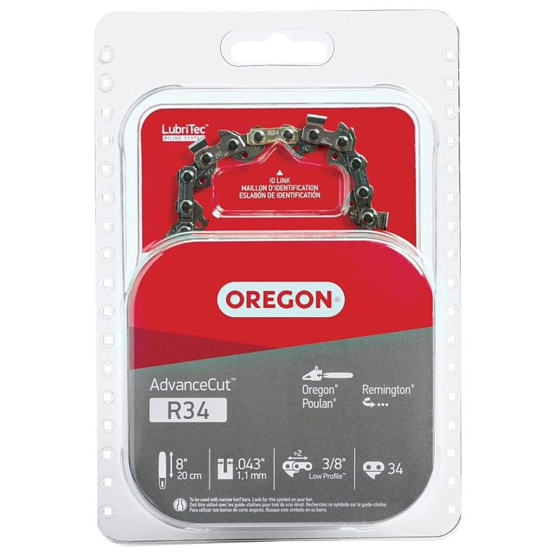 OREGON Oregon R34 Chainsaw Chain, 8 in L Bar, 0.043 Gauge, 3/8 in TPI/Pitch, 34-Link