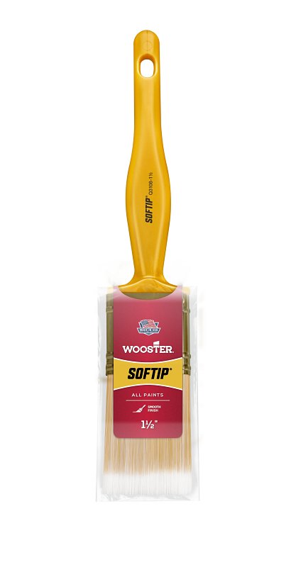 WOOSTER BRUSH Wooster Q3108-1-1/2 Paint Brush, Pearl/White/Yellow, Plastic Handle, 1-1/2 in W, Flat Sash Brush, 2-3/16 in L Bristle