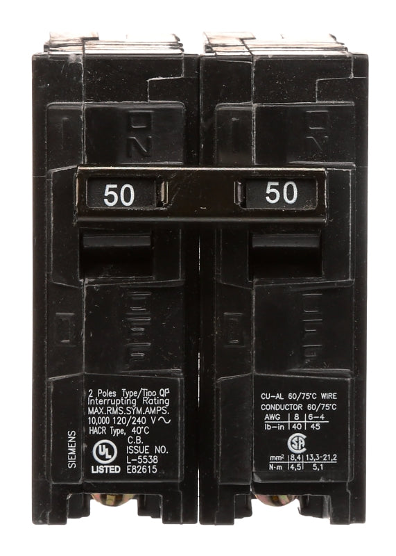 SIEMENS Siemens Q250 Circuit Breaker, Mini, 50 A, 2 -Pole, 120/240 V, Fixed Trip, Plug Mounting