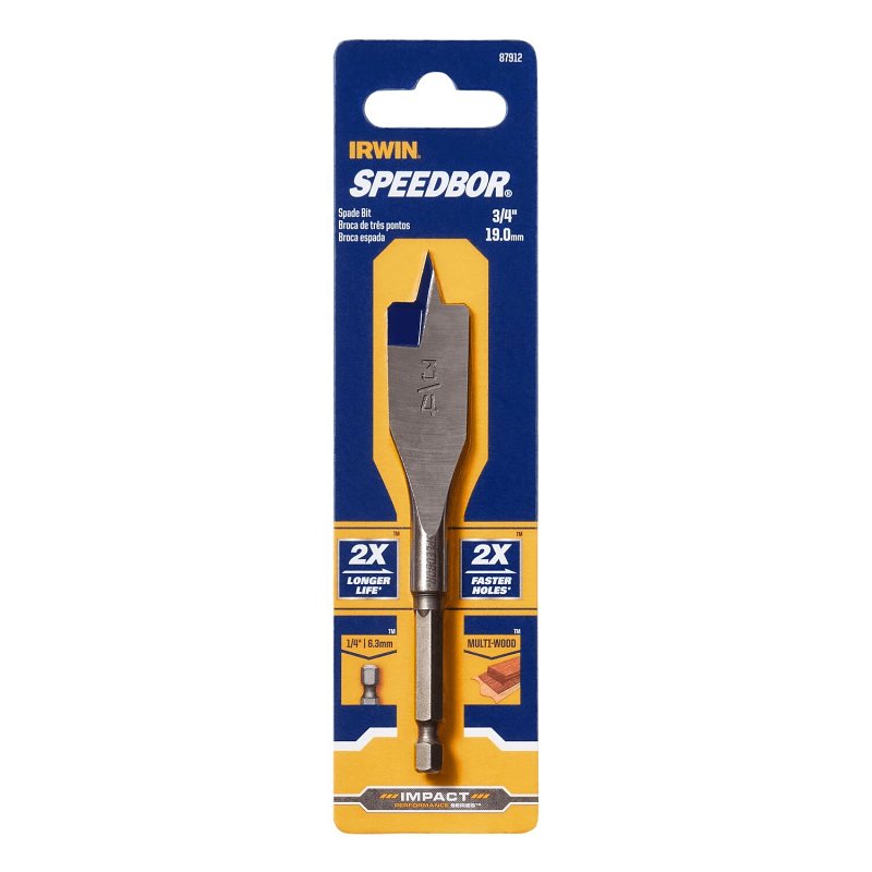 IRWIN Irwin SPEEDBOR 87912 Spade Drill Bit, 3/4 in Dia, 4 in OAL, Short Length, Flat Flute, 1/4 in Dia Shank, Hex Shank TOOLS IRWIN