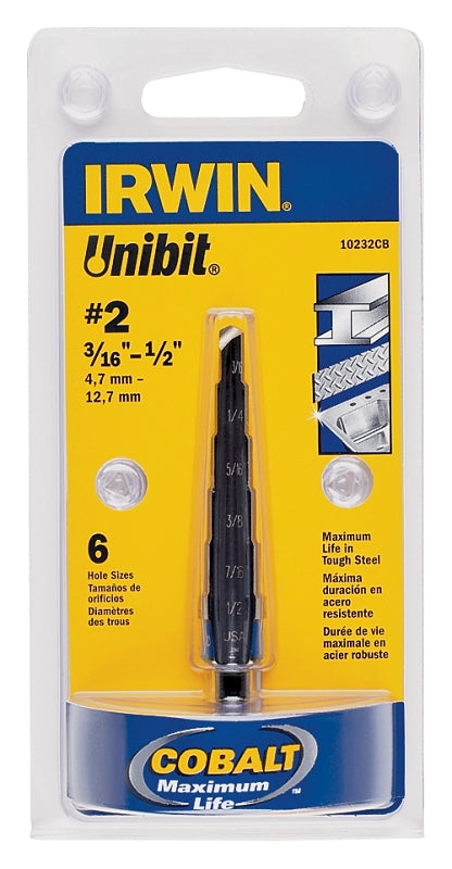 IRWIN Irwin UNIBIT 10232 Step Drill Bit, 3/16 to 1/2 in Dia, 1-Flute, 1/4 in Dia Shank, Hex Shank TOOLS IRWIN