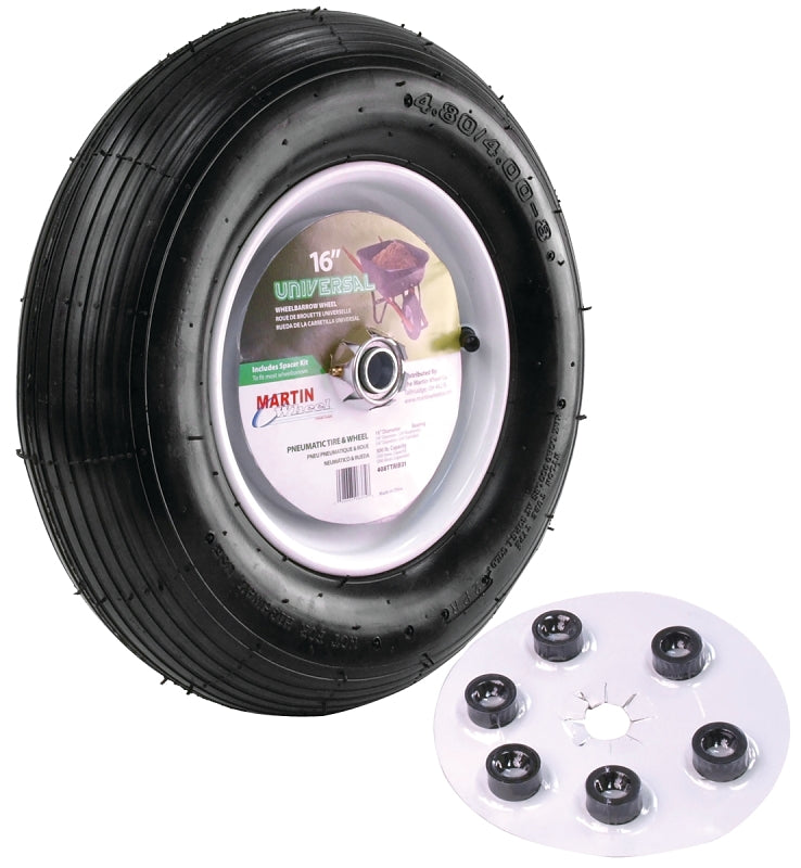 MARTIN WHEEL MARTIN Wheel 408TTRIB31 Wheelbarrow Wheel with Universal Hub, 16 in Dia Tire, 4.8 x 4/8 in Tire, Ribbed Tread AUTOMOTIVE MARTIN WHEEL