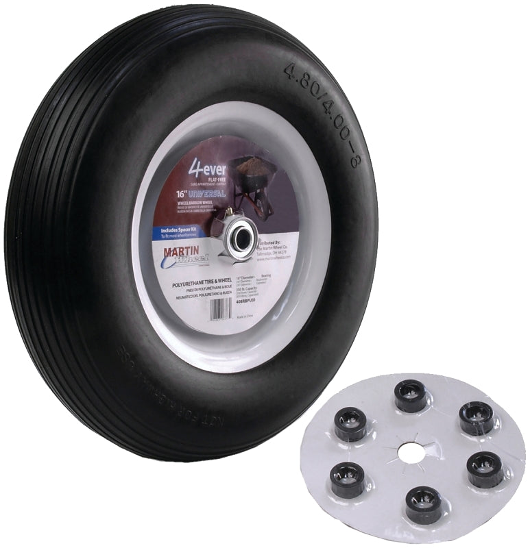 MARTIN WHEEL MARTIN Wheel 408RBPU31 Wheelbarrow Wheel with Universal Hub, 4.8 x 4/8 in Tire, 16 in , Ribbed Tread, Flat Free AUTOMOTIVE MARTIN WHEEL