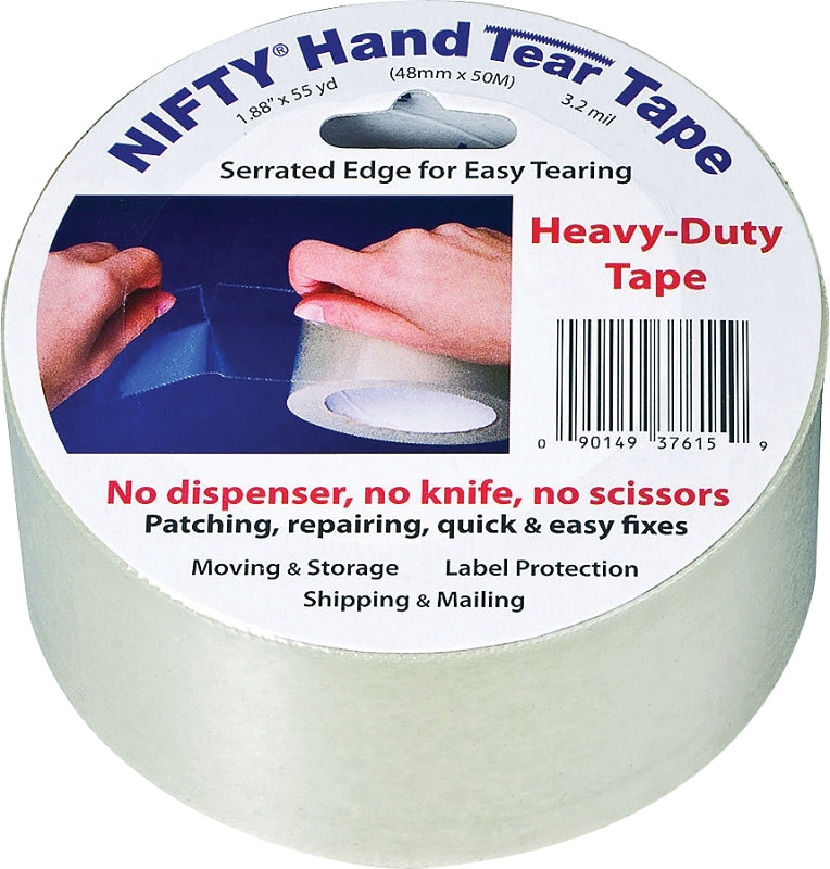 NIFTY PRODUCTS Nifty T3761RTL Hand Tear Tape, 55 yd L, 2 in W, Polypropylene Backing, Clear