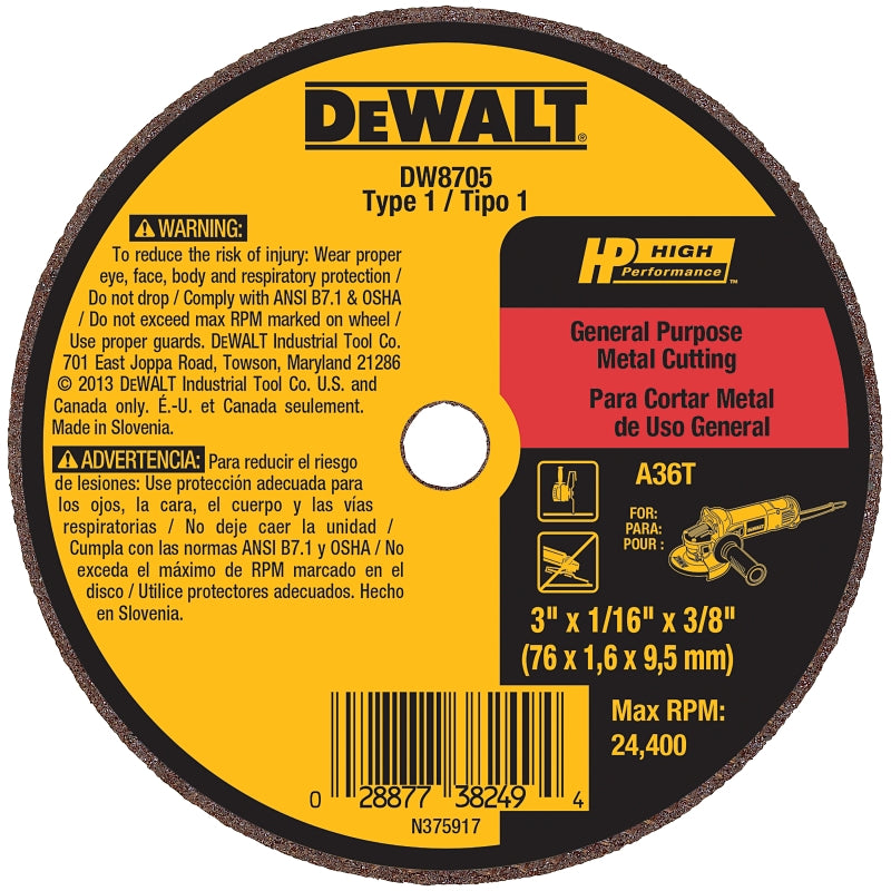 DEWALT DEWALT DW8705 Grinder Wheel, 3 in Dia, 1/16 in Thick, 3/8 in Arbor, 36 Grit, Very Coarse, Aluminum Oxide Abrasive