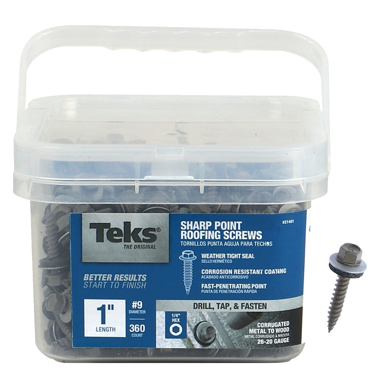 TEKS Teks 21401 Roofing Screw, #9 Thread, Hex Drive, Self-Tapping, Sharp Point, Steel, Metallic HARDWARE & FARM SUPPLIES TEKS