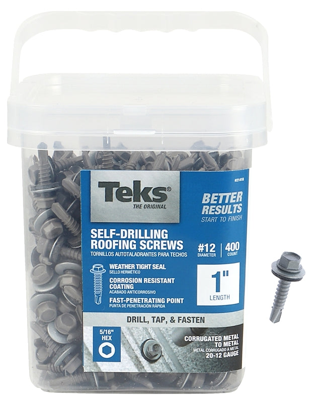 TEKS Teks 21418 Roofing Screw, #12 Thread, Coarse Thread, Hex Drive, Self-Drilling, Self-Tapping Point, Steel, Zinc, 400 PAIL HARDWARE & FARM SUPPLIES TEKS