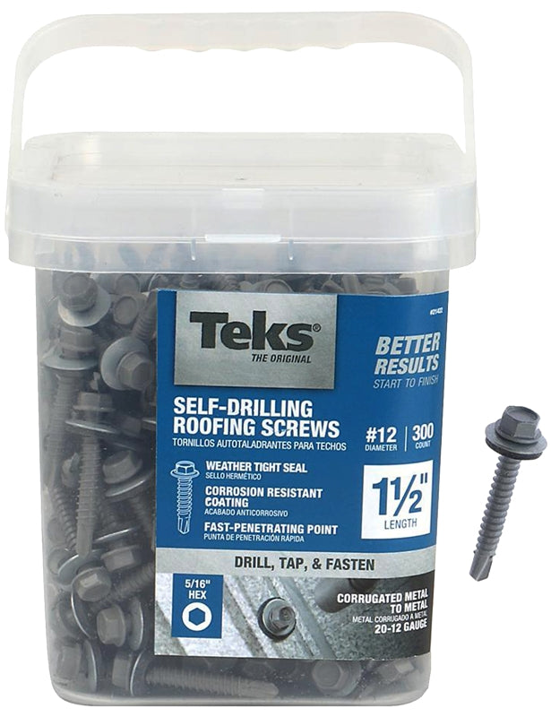 TEKS Teks 21422 Roofing Screw, #12 Thread, Hex Drive, Drill, Self-Tapping Point, Steel, Metallic HARDWARE & FARM SUPPLIES TEKS