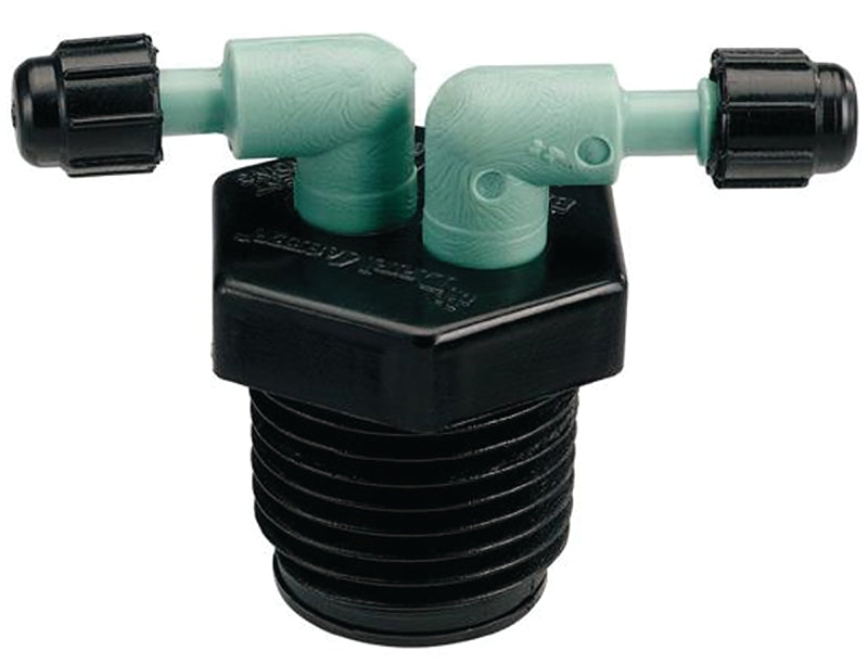 ORBIT Orbit 67035 Manifold, 1/2 x 1/4 in Connection, Female Thread x Barb, 2 -Port, 1/4 in Tubing, Plastic, Black LAWN & GARDEN ORBIT