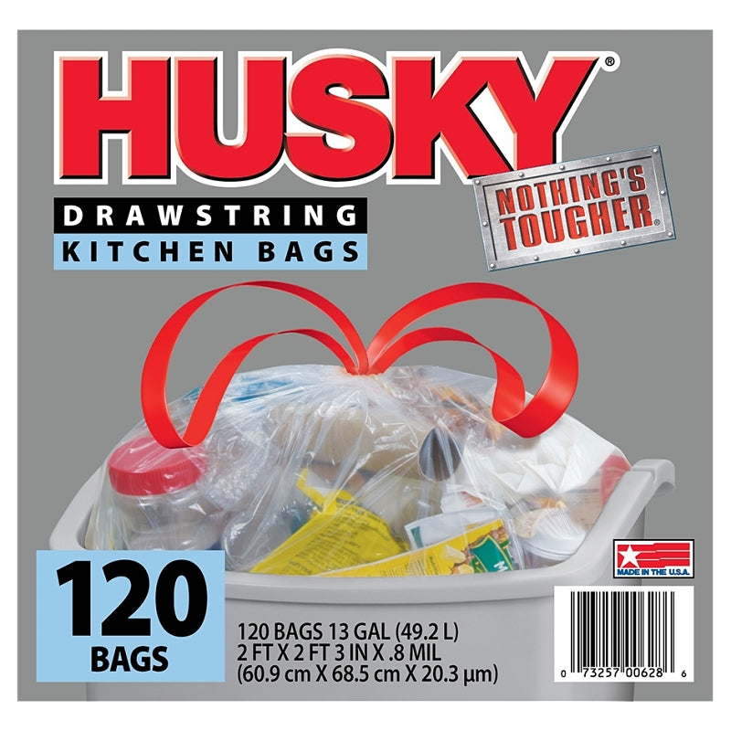 POLY-AMERICA Husky HK13DS120C-P Kitchen Trash Bag, 13 gal Capacity, Polyethylene, Clear
