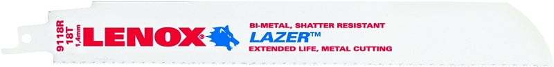 LENOX Lenox LAZER 201809118R Reciprocating Saw Blade, 1 in W, 9 in L, 18 TPI, Cobalt Cutting Edge