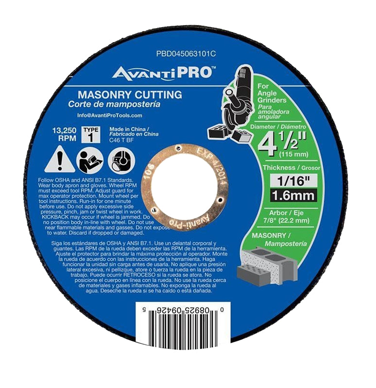 AVANTI PRO Avanti Pro PBD045063101C Cut-Off Wheel, 4-1/2 in Dia, 1/16 in Thick, 7/8 in Arbor TOOLS AVANTI PRO