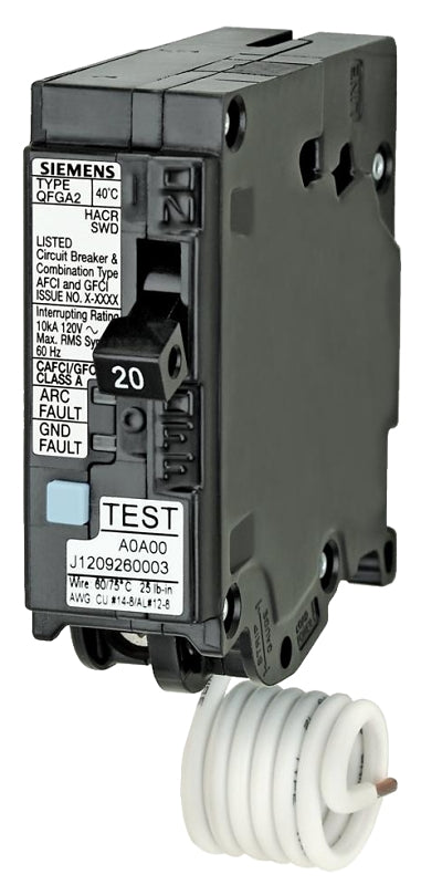 SIEMENS Siemens Q120DF Circuit Breaker, AFCI, GFCI, 20 A, 1 -Pole, 120 V, Instantaneous, Non-Interchangeable Trip, Black