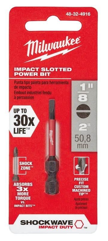 MILWAUKEE Milwaukee SHOCKWAVE 48-32-4916 Power Bit, #6, 1/8 in Drive, Slotted Drive, 1/4 in Shank, Hex Shank, 2 in L, Steel