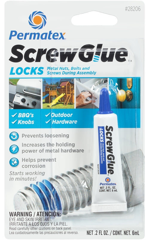 PERMATEX Permatex ScrewGlue 28206 Screw Locking Glue, 0.2 oz, Tube, Liquid, Blue PAINT PERMATEX