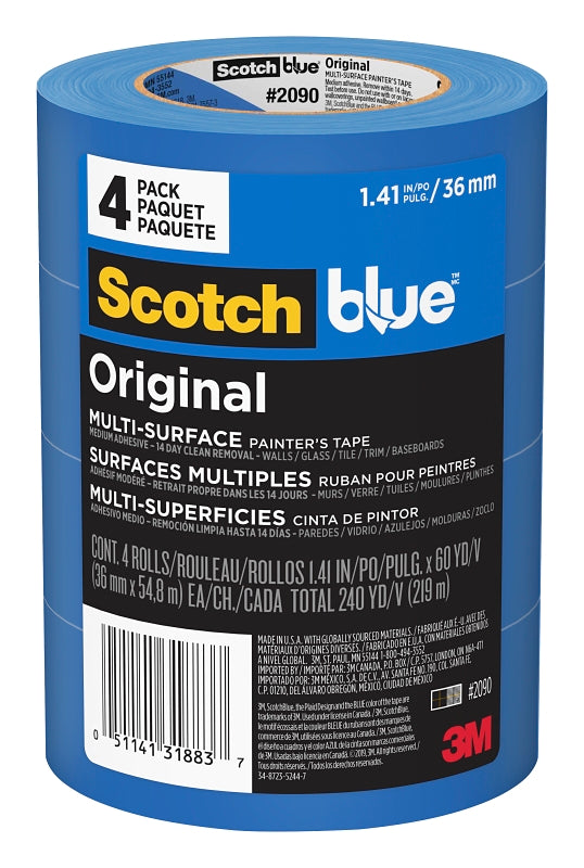 SCOTCH BLUE ScotchBlue 2090-36EP4 Original Painter's Tape, 60 yd L, 1.41 in W, Crepe Paper Backing, Blue