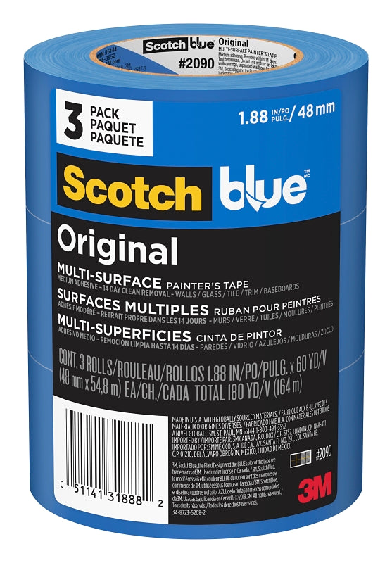 SCOTCH BLUE ScotchBlue 2090-48EVP Painter's Tape, Original Multi-Surface, 60 yd L, 1.88 in W, Crepe Paper Backing, Blue, 3/PK