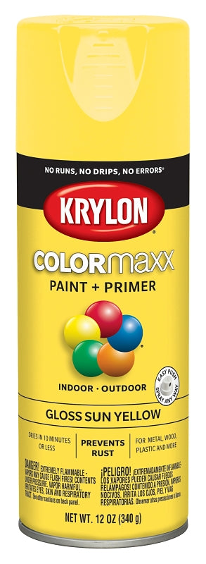 KRYLON Krylon K05541007 Enamel Spray Paint, 12 oz Can, 25 sq-ft Coverage Area, Solvent Base, Gloss, Sun Yellow