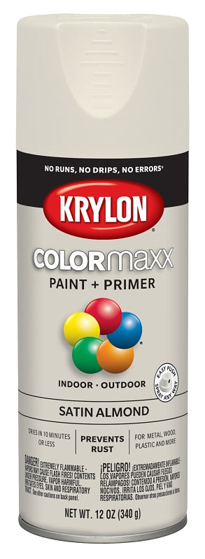 KRYLON Krylon K05554007 Enamel Spray Paint, 12 oz Can, 25 sq-ft Coverage Area, Acrylic Base, Satin, Almond