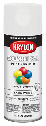 KRYLON Krylon K05577007 Enamel Spray Paint, 12 oz Can, 25 sq-ft Coverage Area, Acrylic Base, Satin, White