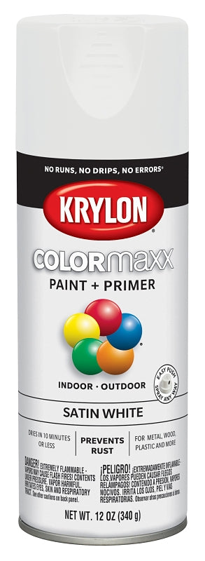 KRYLON Krylon K05577007 Enamel Spray Paint, 12 oz Can, 25 sq-ft Coverage Area, Acrylic Base, Satin, White