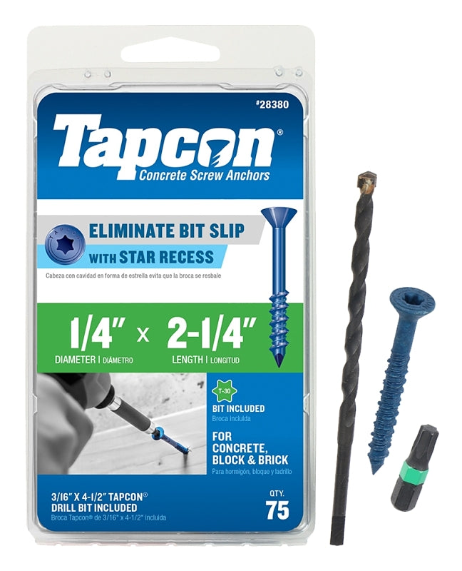 TAPCON Tapcon 28380 Concrete Screw Anchor, T30 Screw, 1/4 in Dia, 2-1/4 in L, Steel, Climaseal, 75/PK