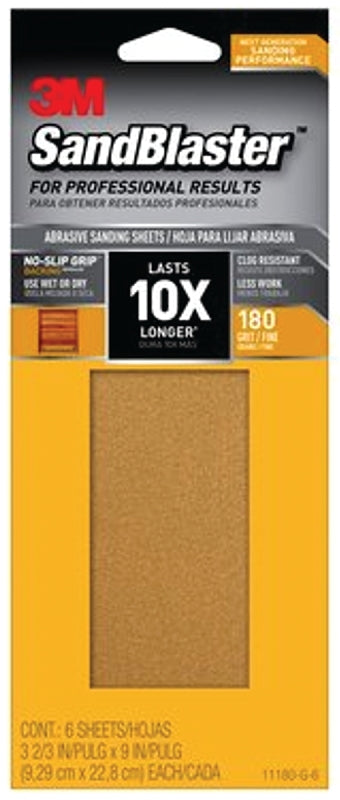 3M 3M SandBlaster Series 11180-G-6 Sandpaper, 9 in L, 3-2/3 in W, 180 Grit, Medium, Synthetic Mineral Abrasive PAINT 3M