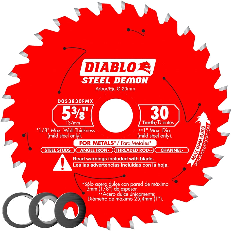 DIABLO Diablo D053830FMX Saw Blade, 5-3/8 in Dia, 20 mm Arbor, 30-Teeth, Carbide Cutting Edge TOOLS DIABLO