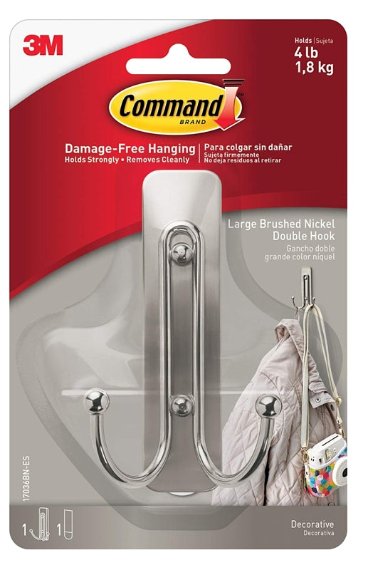 COMMAND Command 17036BN-ES Large Double Hook, 4 lb, 1-Hook, Metal/Plastic, Gray, Brushed Nickel