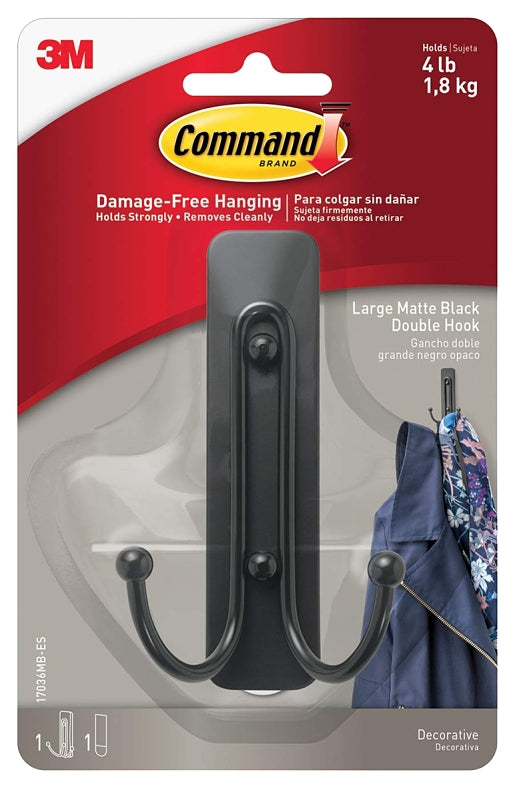 COMMAND Command 17036MB-ES Large Decorative Double Hook, 5 lb, 1-Hook, Metal/Plastic, Black, Matte HARDWARE & FARM SUPPLIES COMMAND