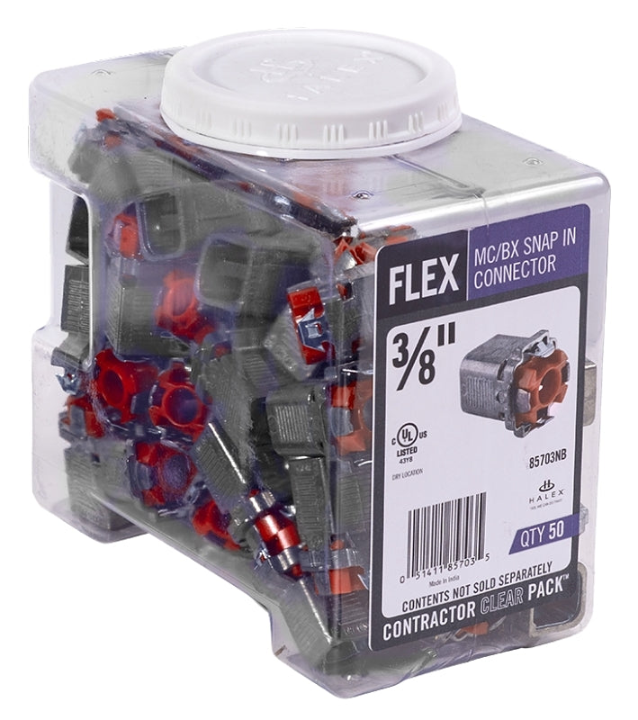 HALEX Halex 85703NB Flex Snap Lock Connector, 3/8 in, Steel, Zinc-Plated, 50/PK ELECTRICAL HALEX