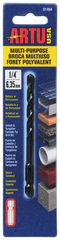 ARTU ARTU 01464 Drill Bit, 1/4 in Dia, 4-1/8 in OAL, Multi-Purpose, Parabolic Flute, Quick-Connect Shank TOOLS ARTU