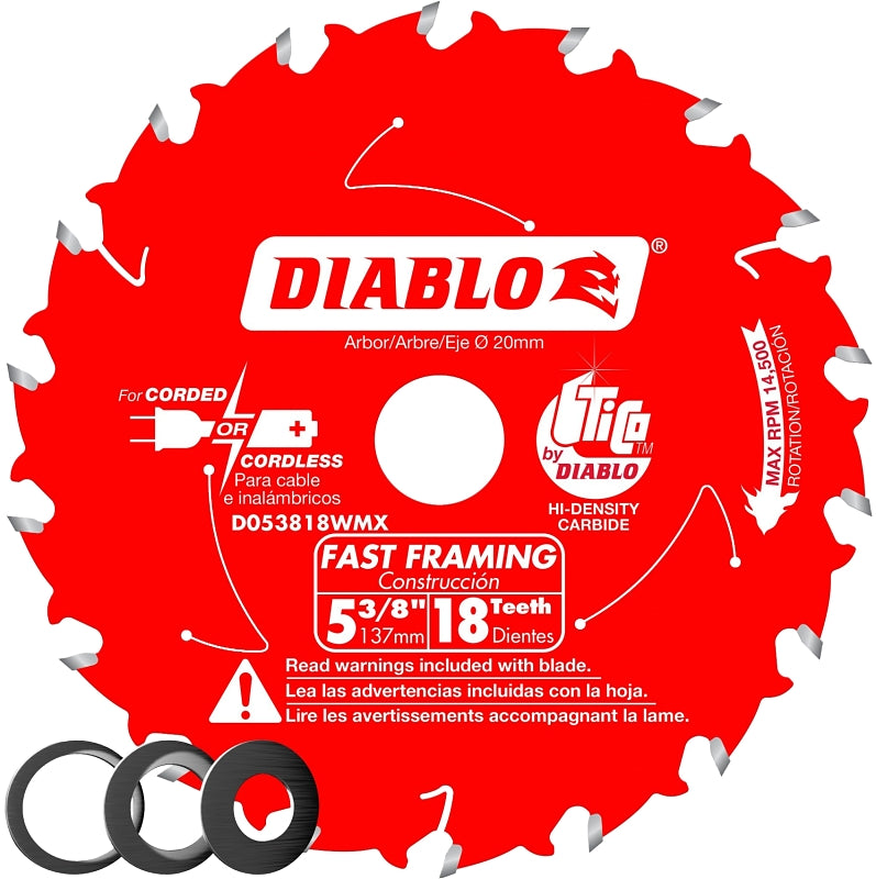 DIABLO Diablo D053818WMX Saw Blade, 5-3/8 in Dia, 20 mm Arbor, 18-Teeth, Applicable Materials: Wood TOOLS DIABLO
