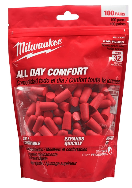MILWAUKEE Milwaukee 48-73-3005 Ear Plugs, 32 dB NRR, Tapered, Foam, Red, Includes: (100) Pairs of s