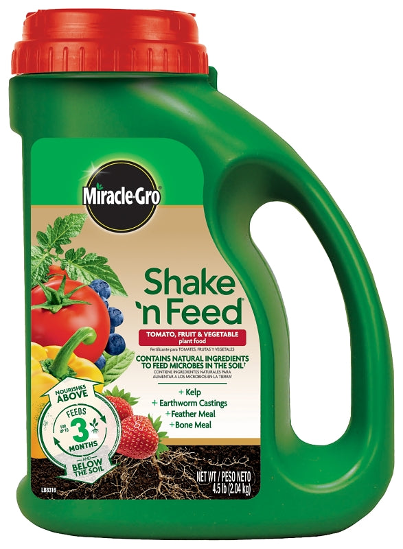 MIRACLE-GRO Miracle-Gro Shake 'n Feed 3002601 Tomato/Fruit and Vegetable Plant Food, 4.5 lb Jug, Solid, 10-5-15 N-P-K Ratio