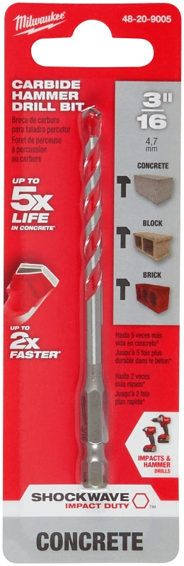 MILWAUKEE Milwaukee SHOCKWAVE 48-20-9005 Drill Bit, 3/16 in Dia, 4 in OAL, Wide Flute, 1/4 in Dia Shank, Hex Shank