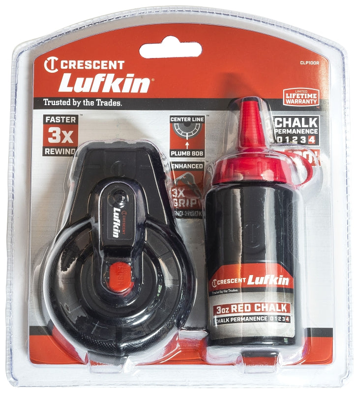 LUFKIN Crescent Lufkin CLP100R Chalk Reel, 3 oz Chalk Capacity, 100 ft L Line, Gear Rewind, 3:1 Gear Ratio, Red