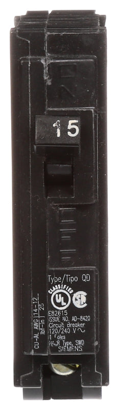 SIEMENS Siemens D115 Circuit Breaker, Low Voltage, QD, 15 A, 1 -Pole, 120 VAC, Plug Mounting